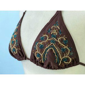 La Vie En Rose Brown Blue Beaded Triangle Bikini